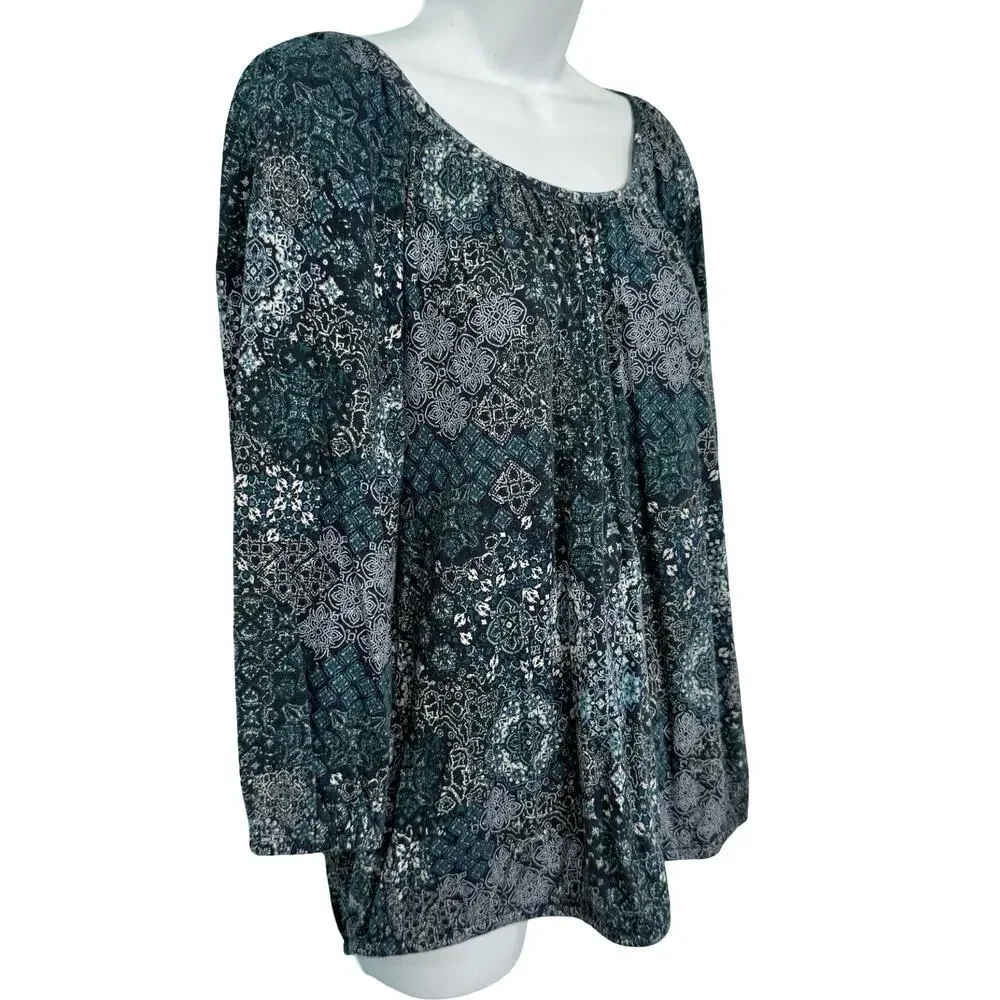Michael Kors Blue Paisley Floral Scoop Neck Bracelet Sleeve Blouse Top size L - Picture 6 of 10
